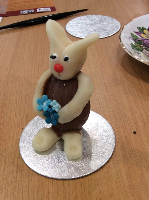 Easter rabbit made from small chocolate solid easter egg with marizpan arms, feet and head