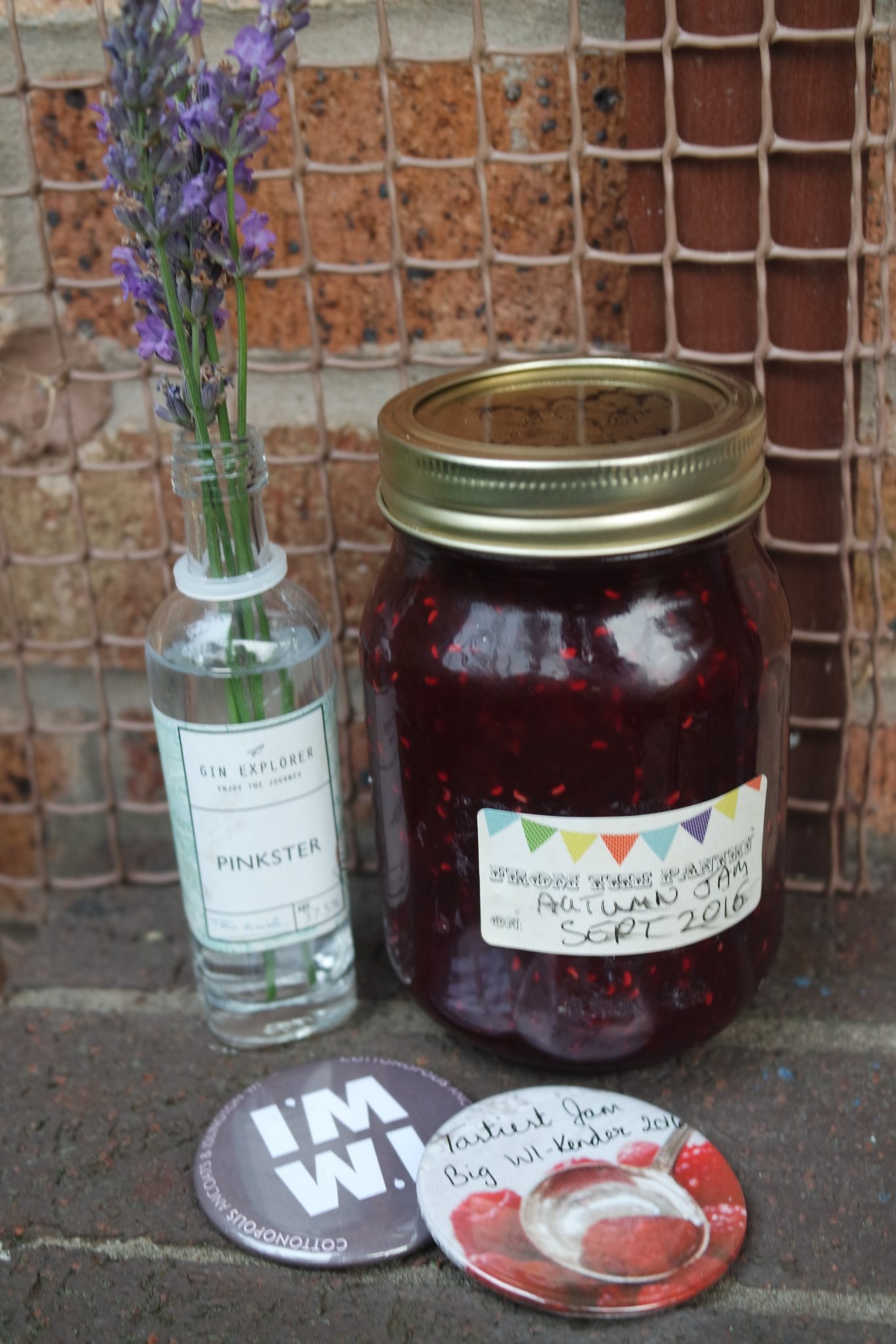 lavender in pinkster gin bottle with autumn fruit jam