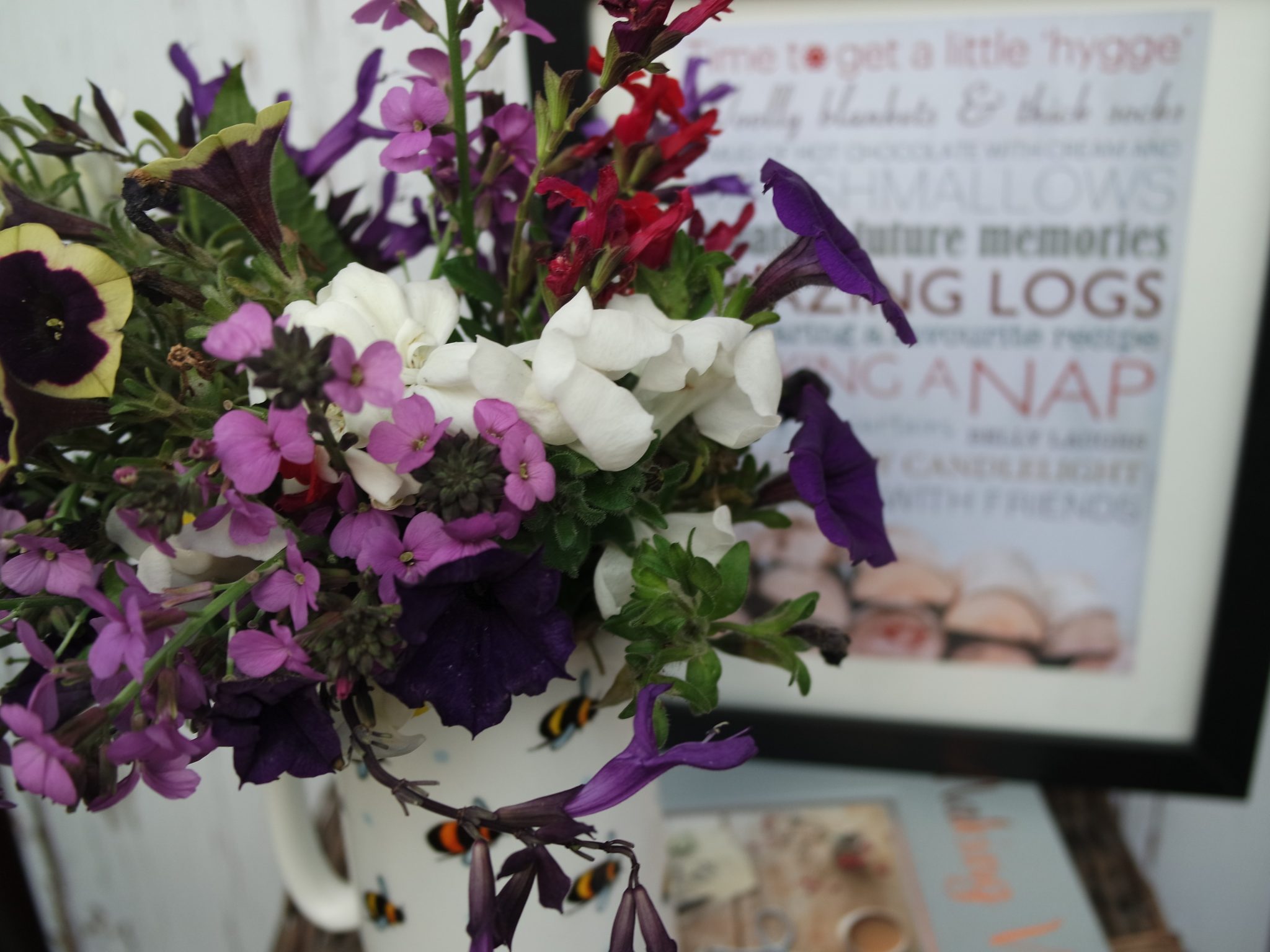 Salvia, petunia, wallflower and snapdragon with a bee jug - with a hygge 19 November 2018